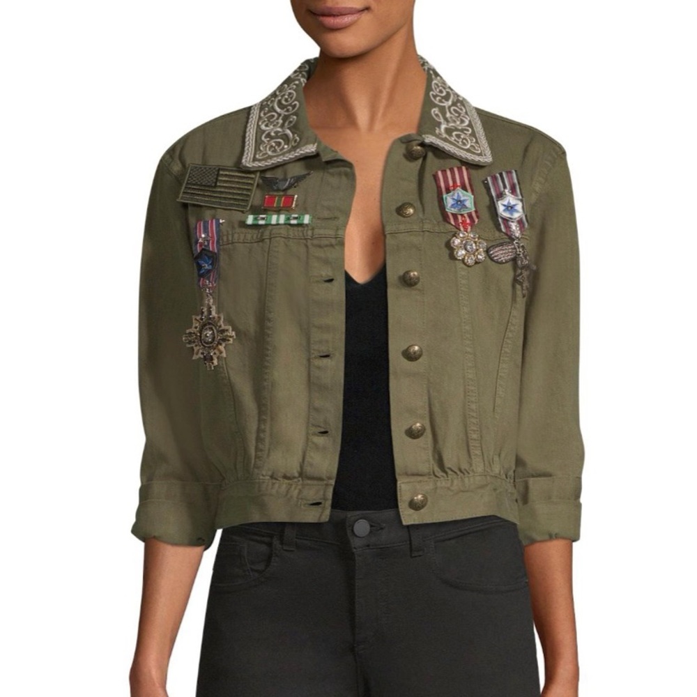Alice + Olivia Olive Green Military Patch Utility Jacket